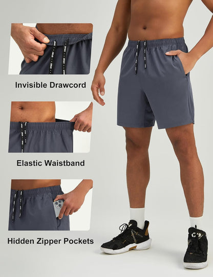 Mens 7'' Lightweight Athletic Shorts Quick Dry Gym Workout Running Shorts with Zipper Pockets