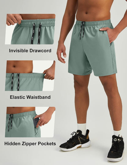 Mens 7'' Lightweight Athletic Shorts Quick Dry Gym Workout Running Shorts with Zipper Pockets