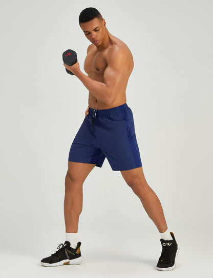 Mens 7'' Lightweight Athletic Shorts Quick Dry Gym Workout Running Shorts with Zipper Pockets