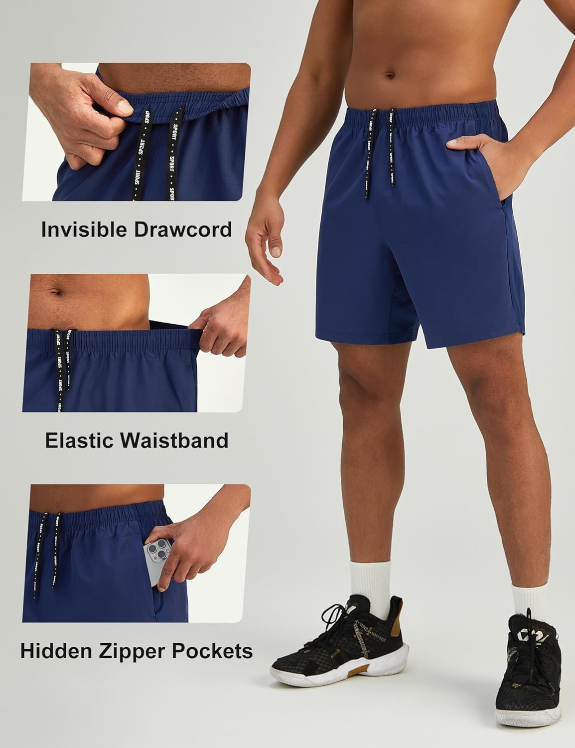 Mens 7'' Lightweight Athletic Shorts Quick Dry Gym Workout Running Shorts with Zipper Pockets