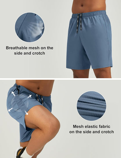 Mens 7'' Lightweight Athletic Shorts Quick Dry Gym Workout Running Shorts with Zipper Pockets