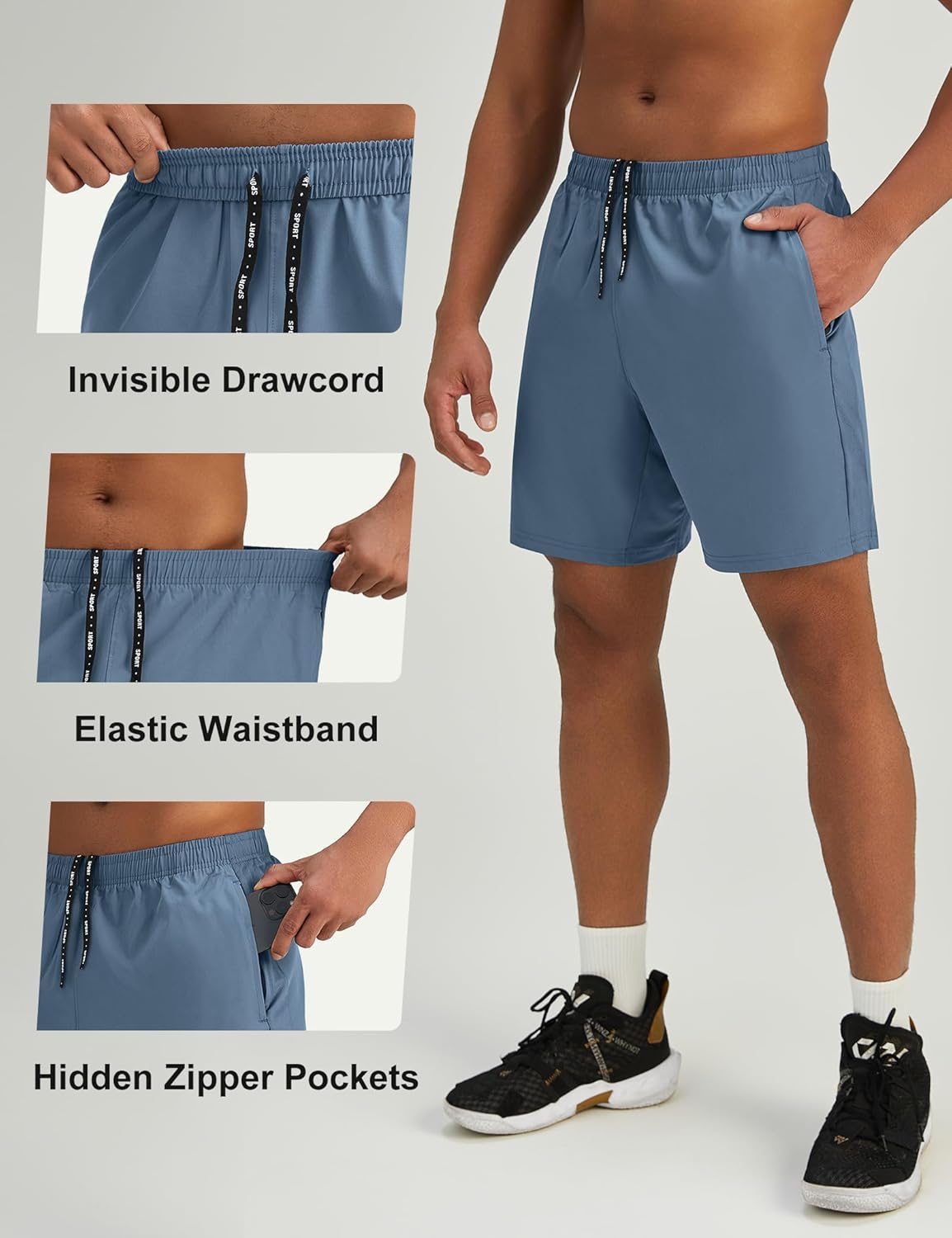 Mens 7'' Lightweight Athletic Shorts Quick Dry Gym Workout Running Shorts with Zipper Pockets