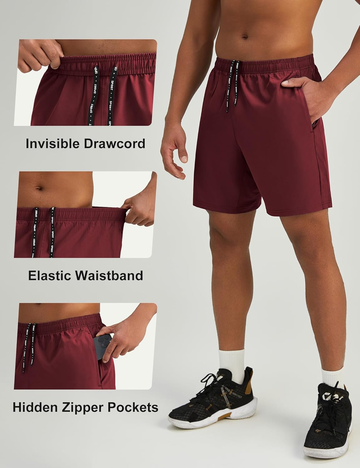 Mens 7'' Lightweight Athletic Shorts Quick Dry Gym Workout Running Shorts with Zipper Pockets
