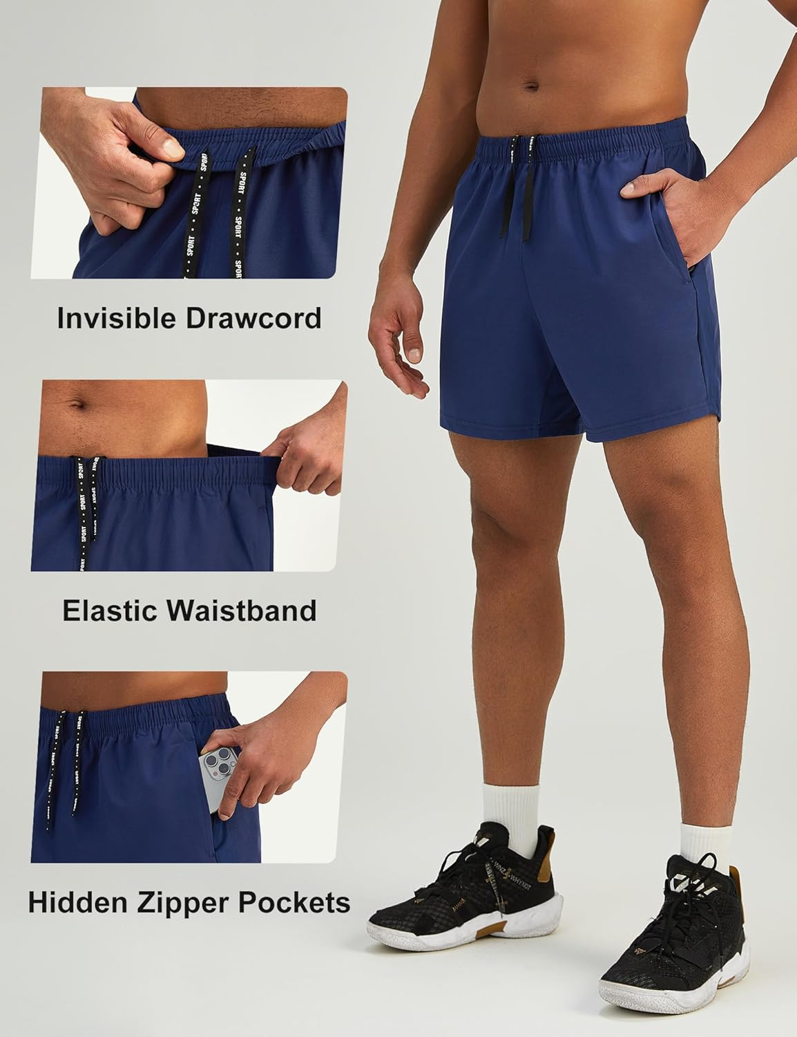 Mens 7'' Lightweight Athletic Shorts Quick Dry Gym Workout Running Shorts with Zipper Pockets