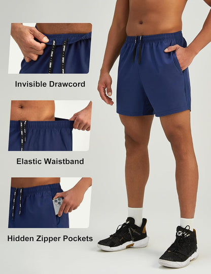 Mens 7'' Lightweight Athletic Shorts Quick Dry Gym Workout Running Shorts with Zipper Pockets