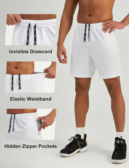 Mens 7'' Lightweight Athletic Shorts Quick Dry Gym Workout Running Shorts with Zipper Pockets