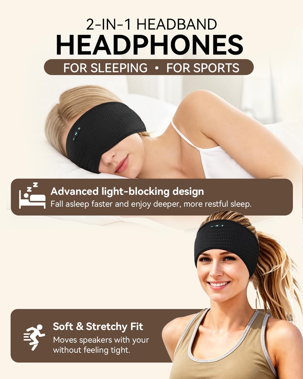 Sleep Headphones Bluetooth 6.0 Headband for Side Sleeper (Black)