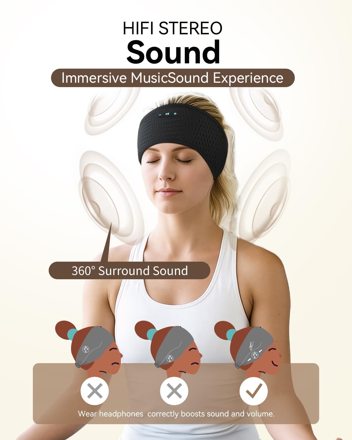 Sleep Headphones Bluetooth 6.0 Headband for Side Sleeper (Black)