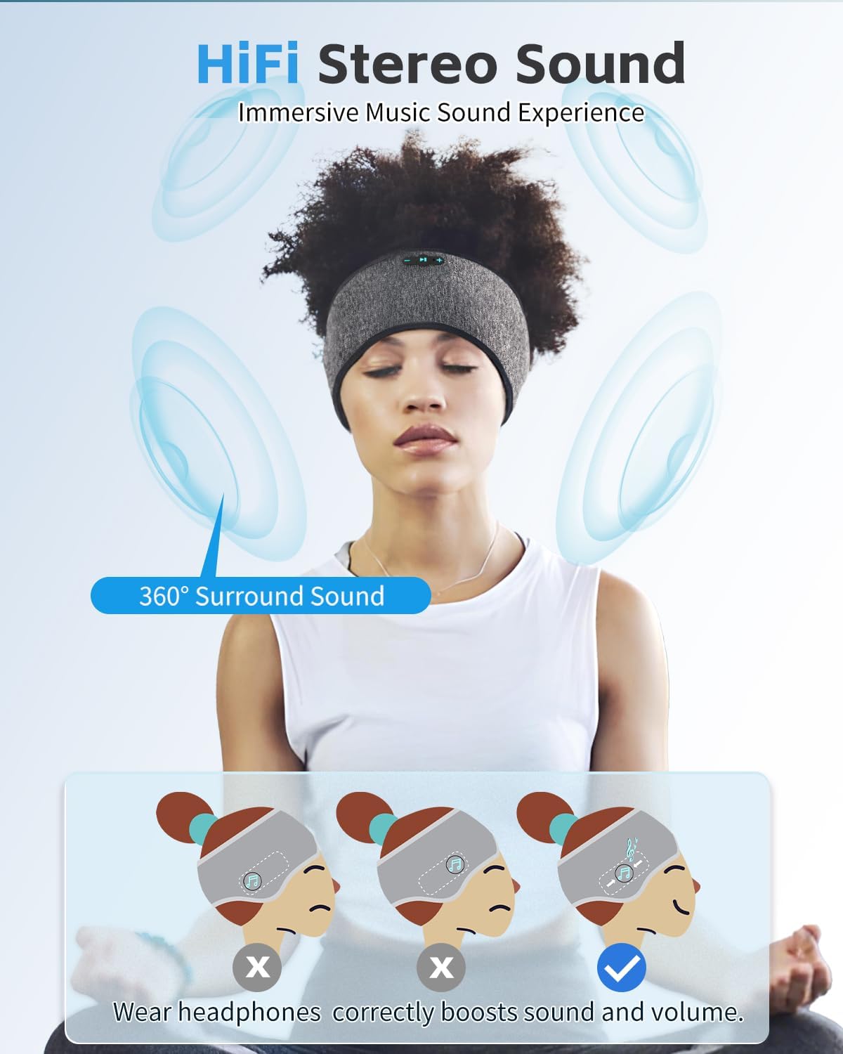 Sleep Headphones Bluetooth 6.0 Headband for Side Sleeper (Black)