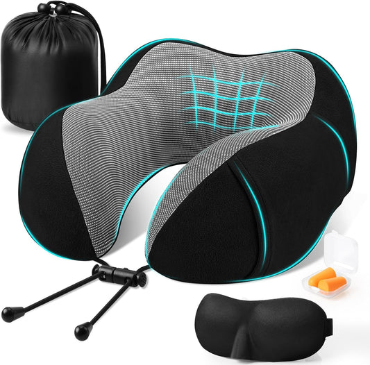 Neck Pillow for Airplanes, Memory Foam Travel Pillow, Black