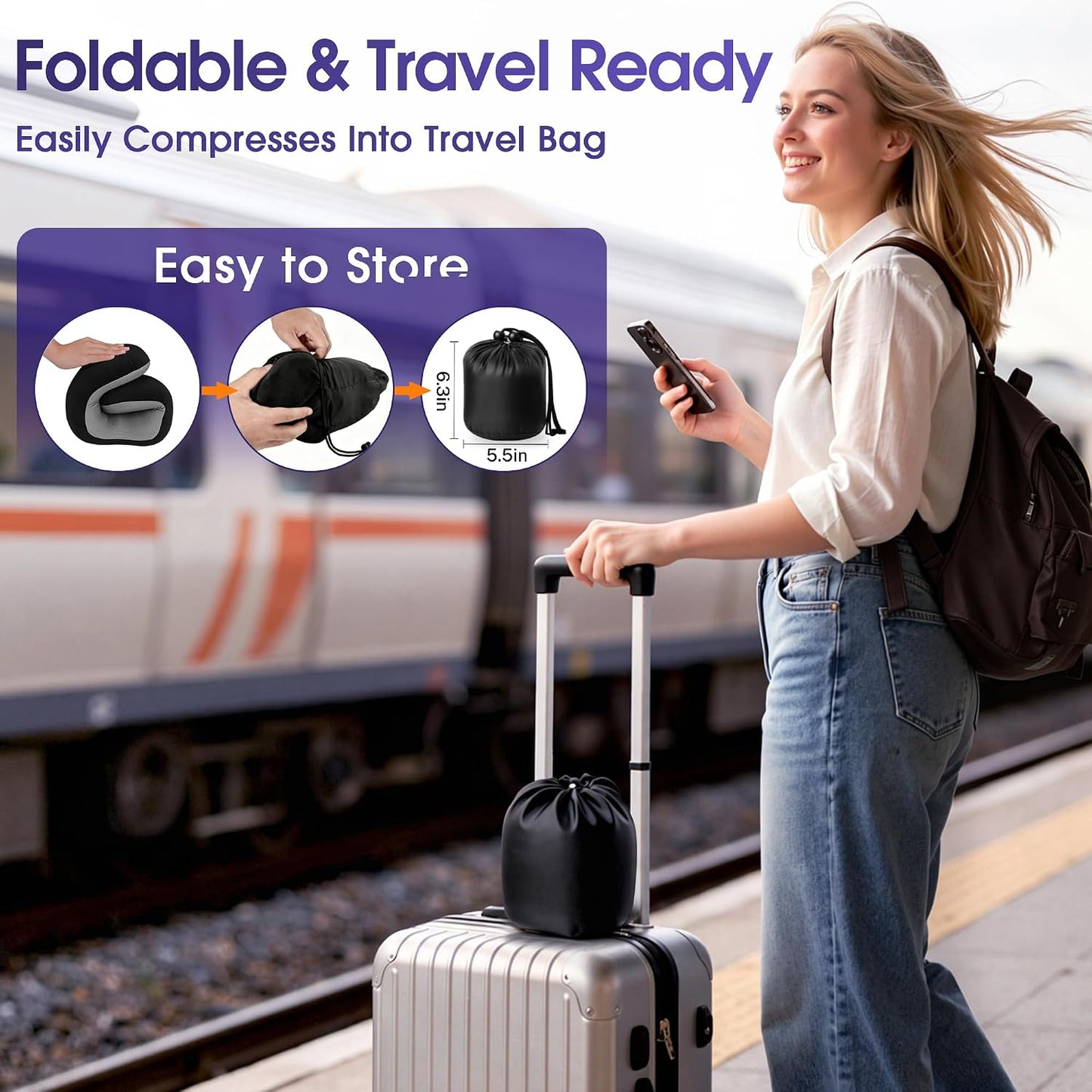 Neck Pillow for Airplanes, Memory Foam Travel Pillow, Black