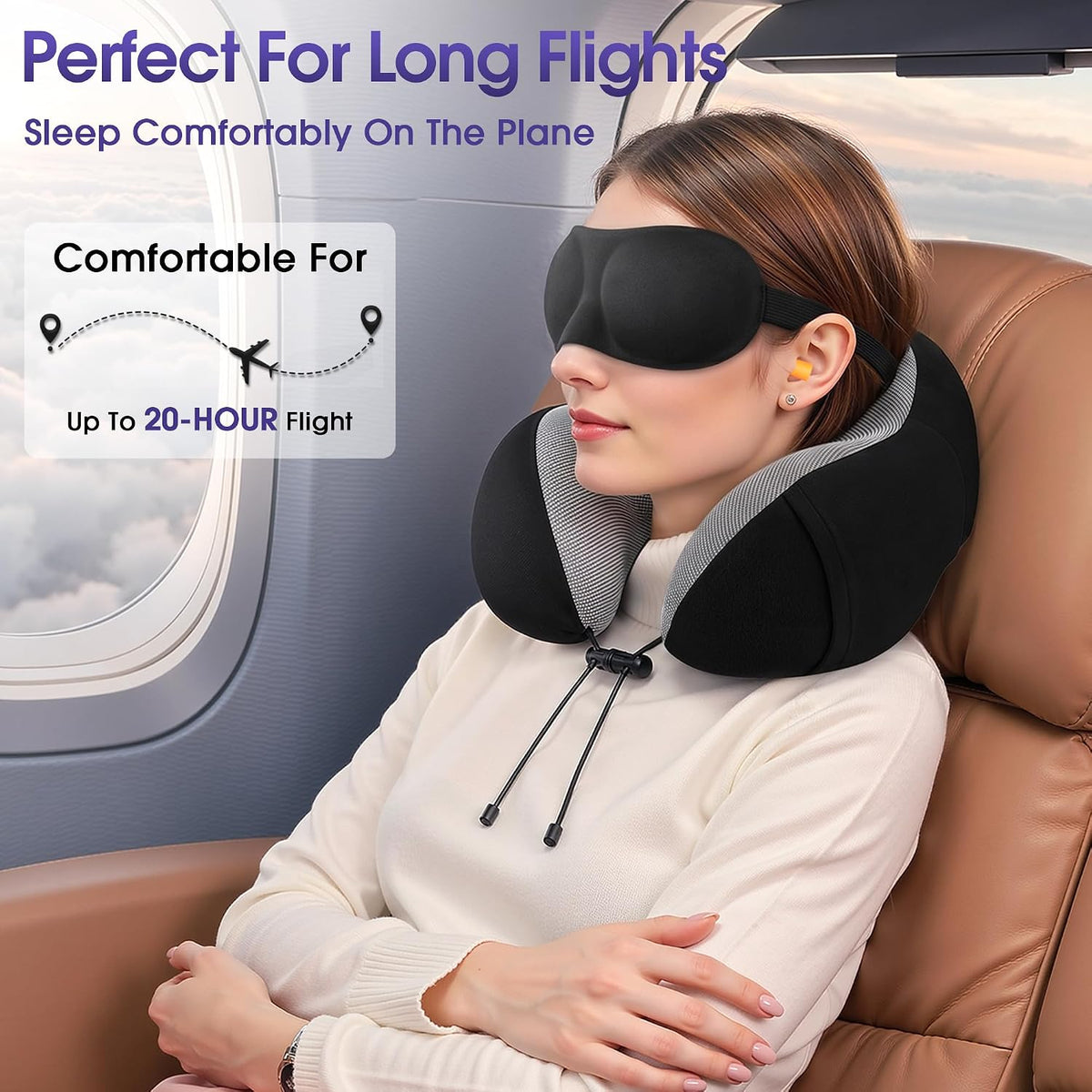Neck Pillow for Airplanes, Memory Foam Travel Pillow, Black