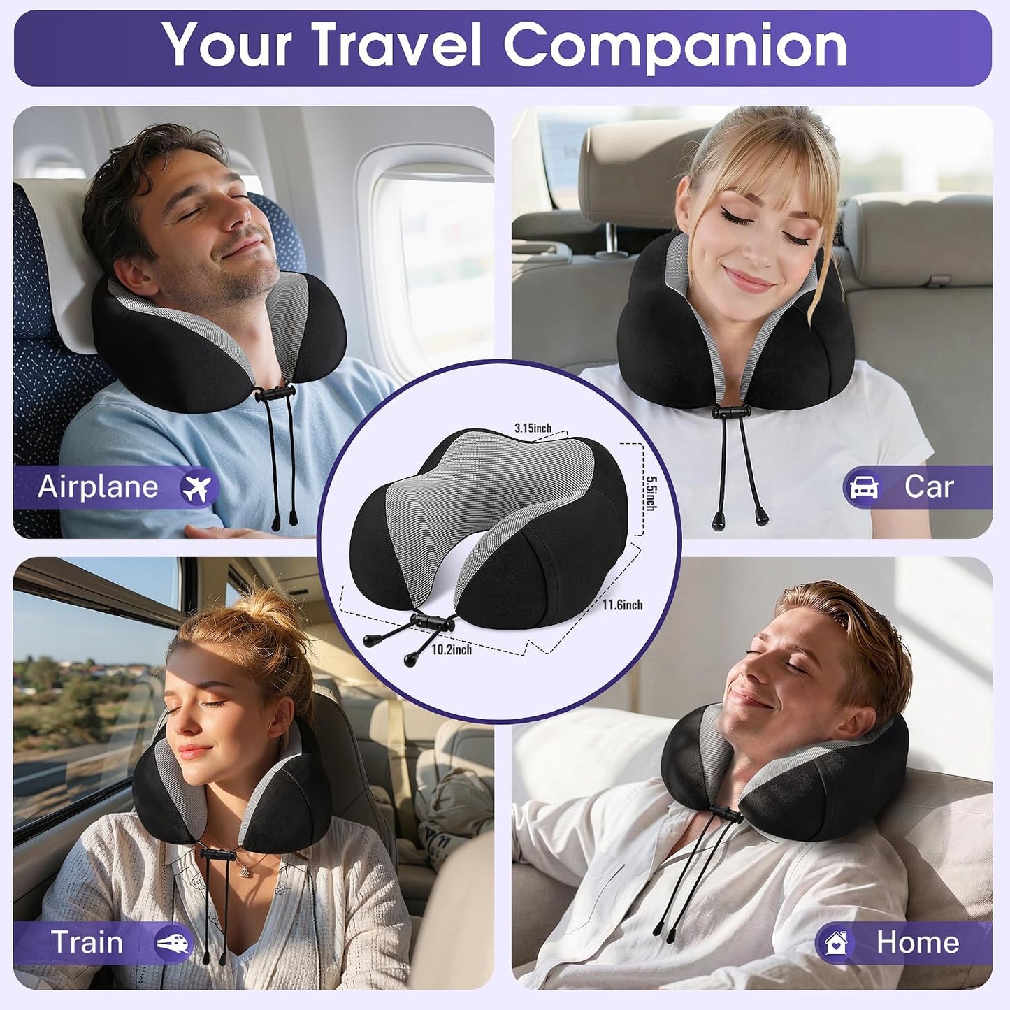 Neck Pillow for Airplanes, Memory Foam Travel Pillow, Black