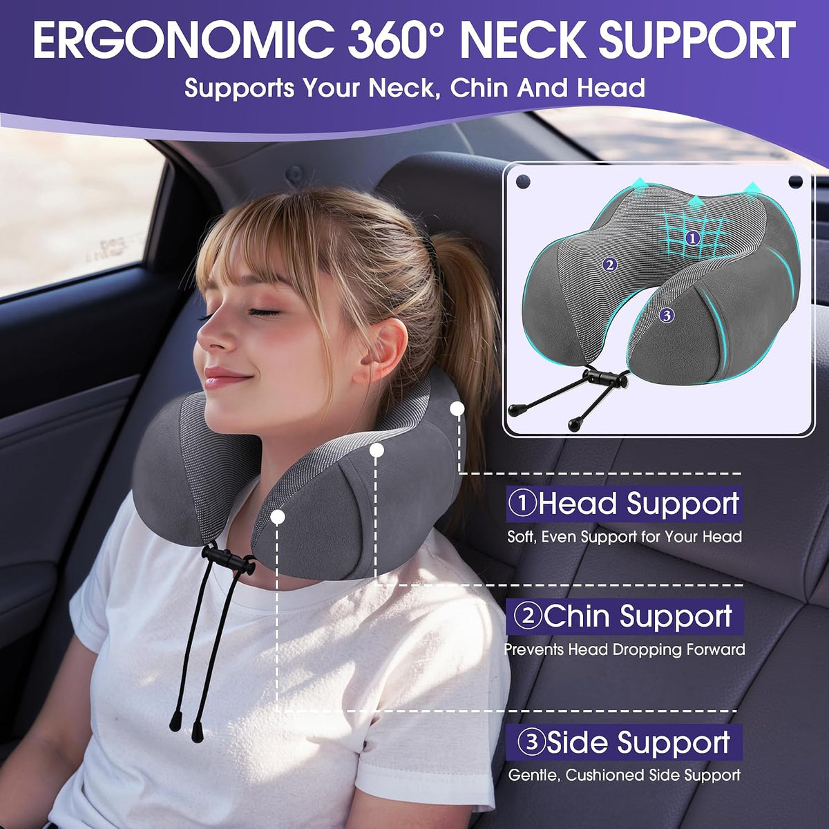 Neck Pillow for Airplanes, Memory Foam Travel Pillow, Black