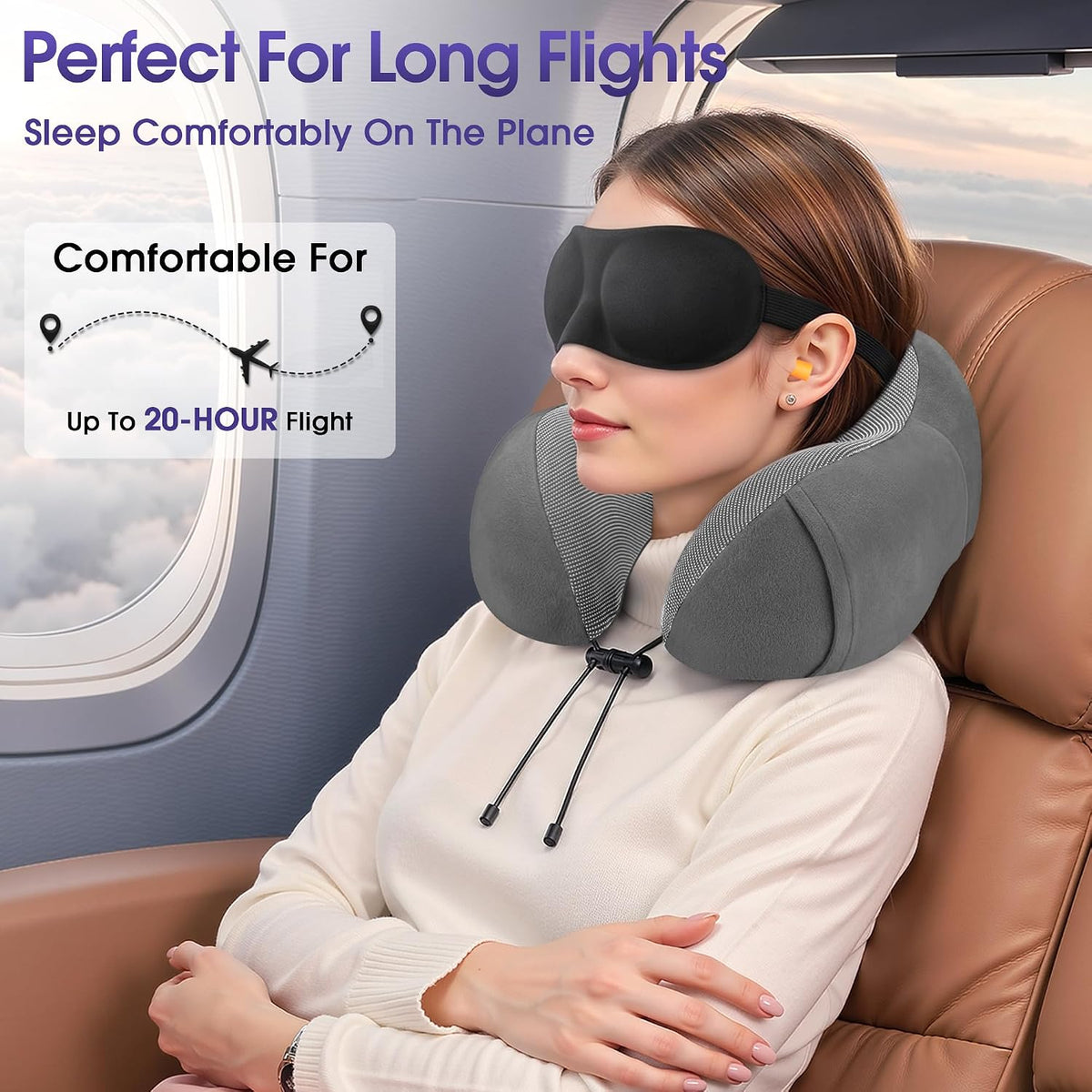 Neck Pillow for Airplanes, Memory Foam Travel Pillow, Black
