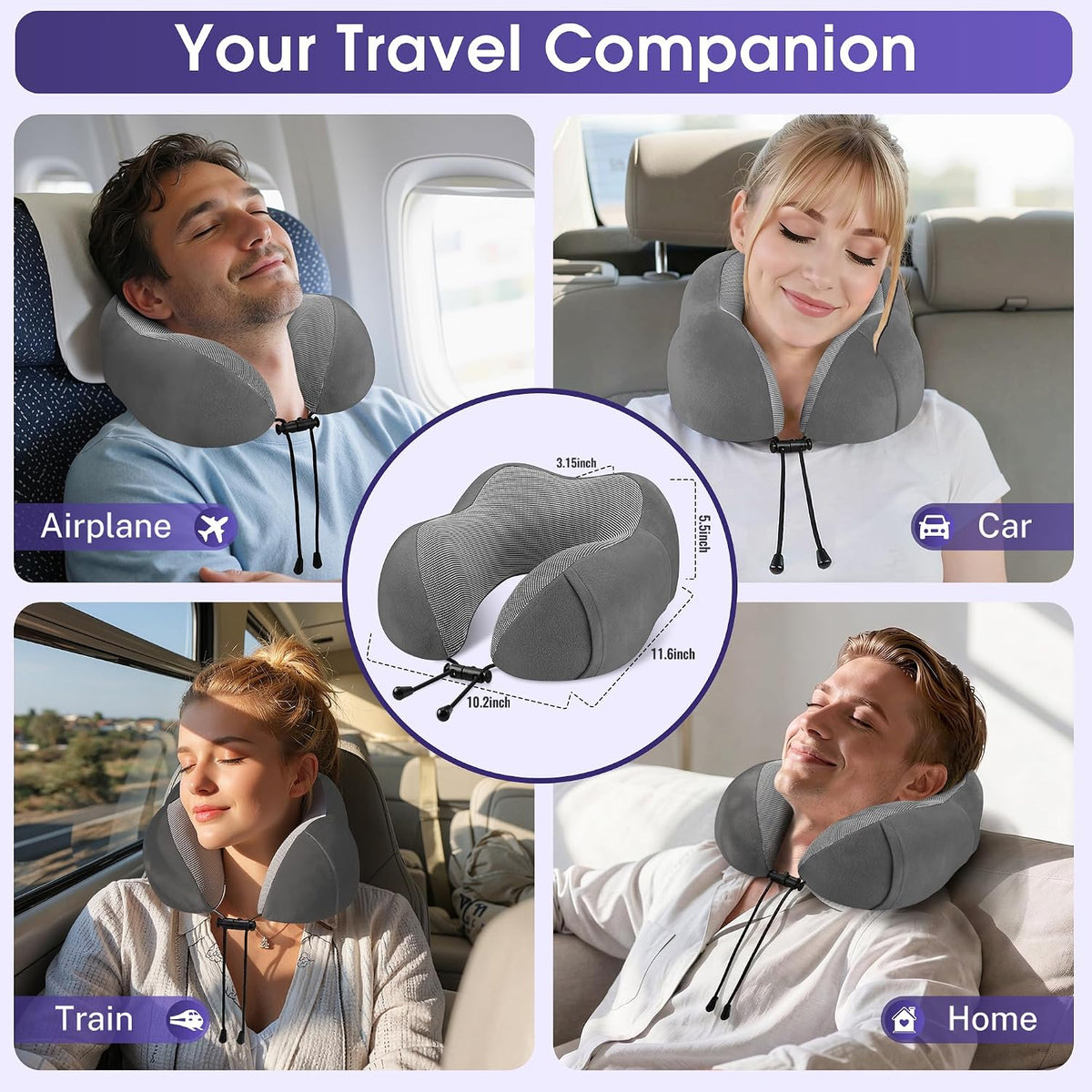 Neck Pillow for Airplanes, Memory Foam Travel Pillow, Black