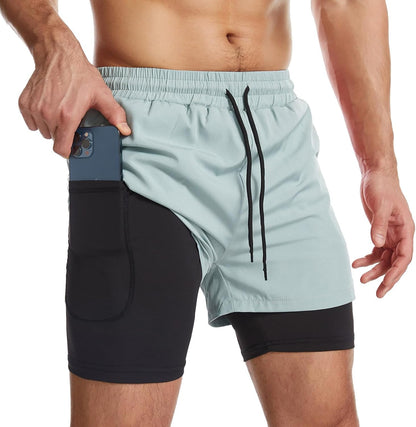 Mens 2 in 1 Running Shorts Quick Dry Athletic Shorts with Liner, Workout Shorts with Zip Pockets and Towel Loop