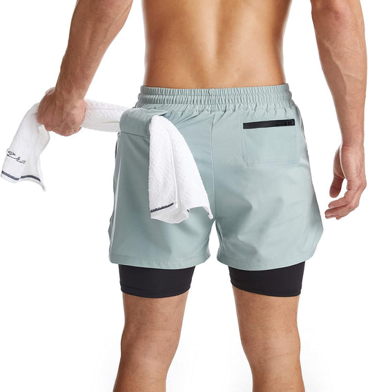 Mens 2 in 1 Running Shorts Quick Dry Athletic Shorts with Liner, Workout Shorts with Zip Pockets and Towel Loop