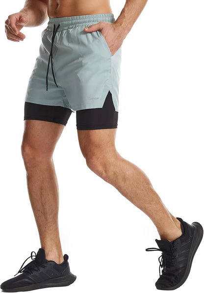 Mens 2 in 1 Running Shorts Quick Dry Athletic Shorts with Liner, Workout Shorts with Zip Pockets and Towel Loop