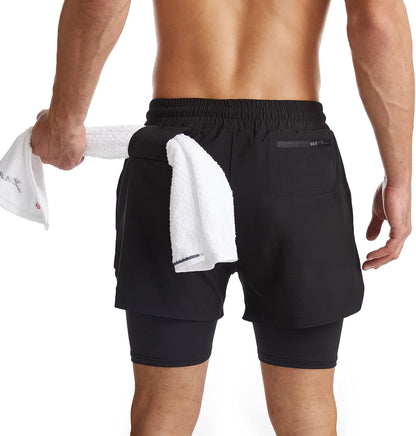 Mens 2 in 1 Running Shorts Quick Dry Athletic Shorts with Liner, Workout Shorts with Zip Pockets and Towel Loop