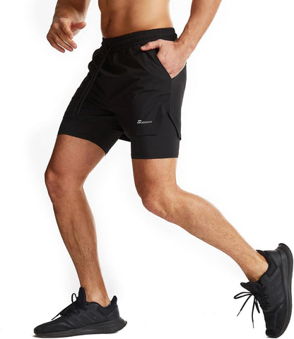 Mens 2 in 1 Running Shorts Quick Dry Athletic Shorts with Liner, Workout Shorts with Zip Pockets and Towel Loop
