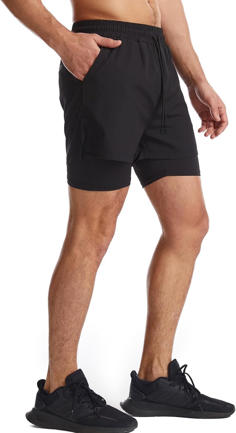 Mens 2 in 1 Running Shorts Quick Dry Athletic Shorts with Liner, Workout Shorts with Zip Pockets and Towel Loop