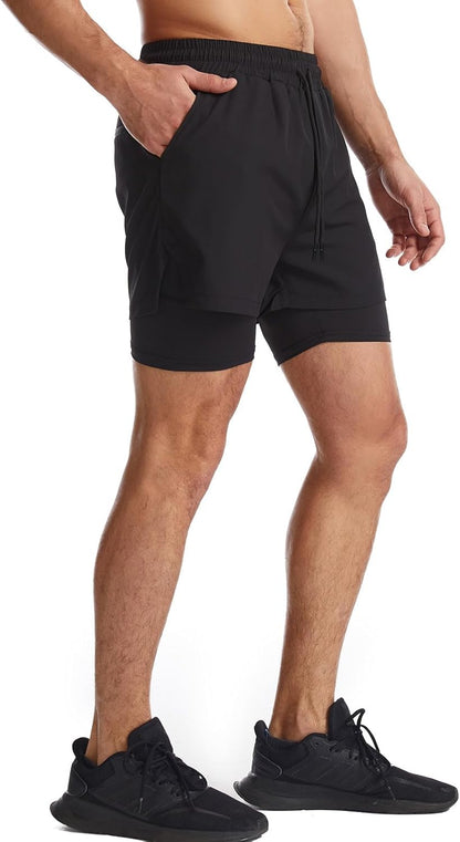 Mens 2 in 1 Running Shorts Quick Dry Athletic Shorts with Liner, Workout Shorts with Zip Pockets and Towel Loop