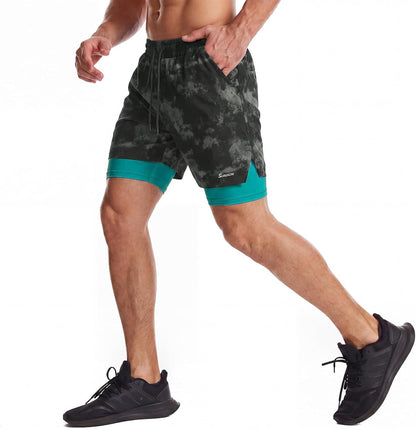 Mens 2 in 1 Running Shorts Quick Dry Athletic Shorts with Liner, Workout Shorts with Zip Pockets and Towel Loop