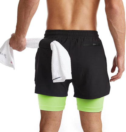 Mens 2 in 1 Running Shorts Quick Dry Athletic Shorts with Liner, Workout Shorts with Zip Pockets and Towel Loop