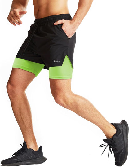 Mens 2 in 1 Running Shorts Quick Dry Athletic Shorts with Liner, Workout Shorts with Zip Pockets and Towel Loop