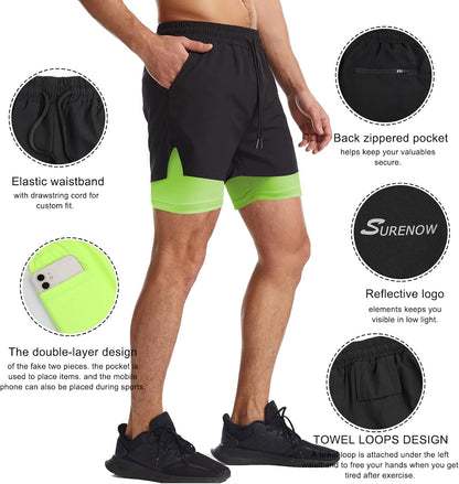 Mens 2 in 1 Running Shorts Quick Dry Athletic Shorts with Liner, Workout Shorts with Zip Pockets and Towel Loop