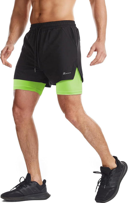 Mens 2 in 1 Running Shorts Quick Dry Athletic Shorts with Liner, Workout Shorts with Zip Pockets and Towel Loop