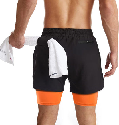 Mens 2 in 1 Running Shorts Quick Dry Athletic Shorts with Liner, Workout Shorts with Zip Pockets and Towel Loop