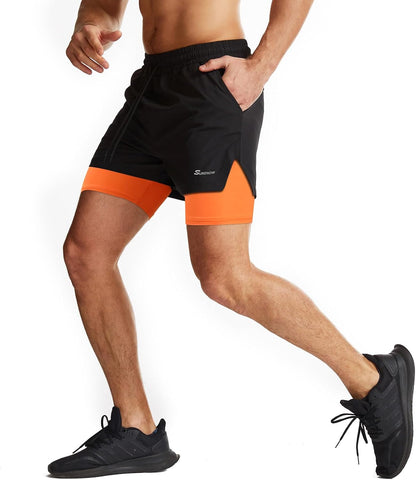 Mens 2 in 1 Running Shorts Quick Dry Athletic Shorts with Liner, Workout Shorts with Zip Pockets and Towel Loop