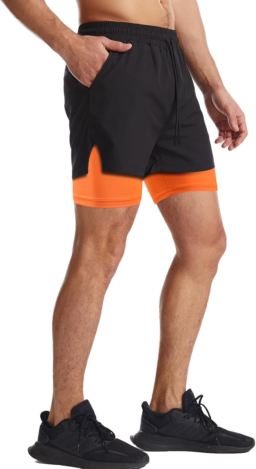 Mens 2 in 1 Running Shorts Quick Dry Athletic Shorts with Liner, Workout Shorts with Zip Pockets and Towel Loop