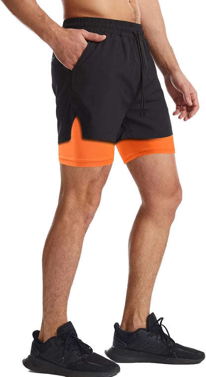 Mens 2 in 1 Running Shorts Quick Dry Athletic Shorts with Liner, Workout Shorts with Zip Pockets and Towel Loop