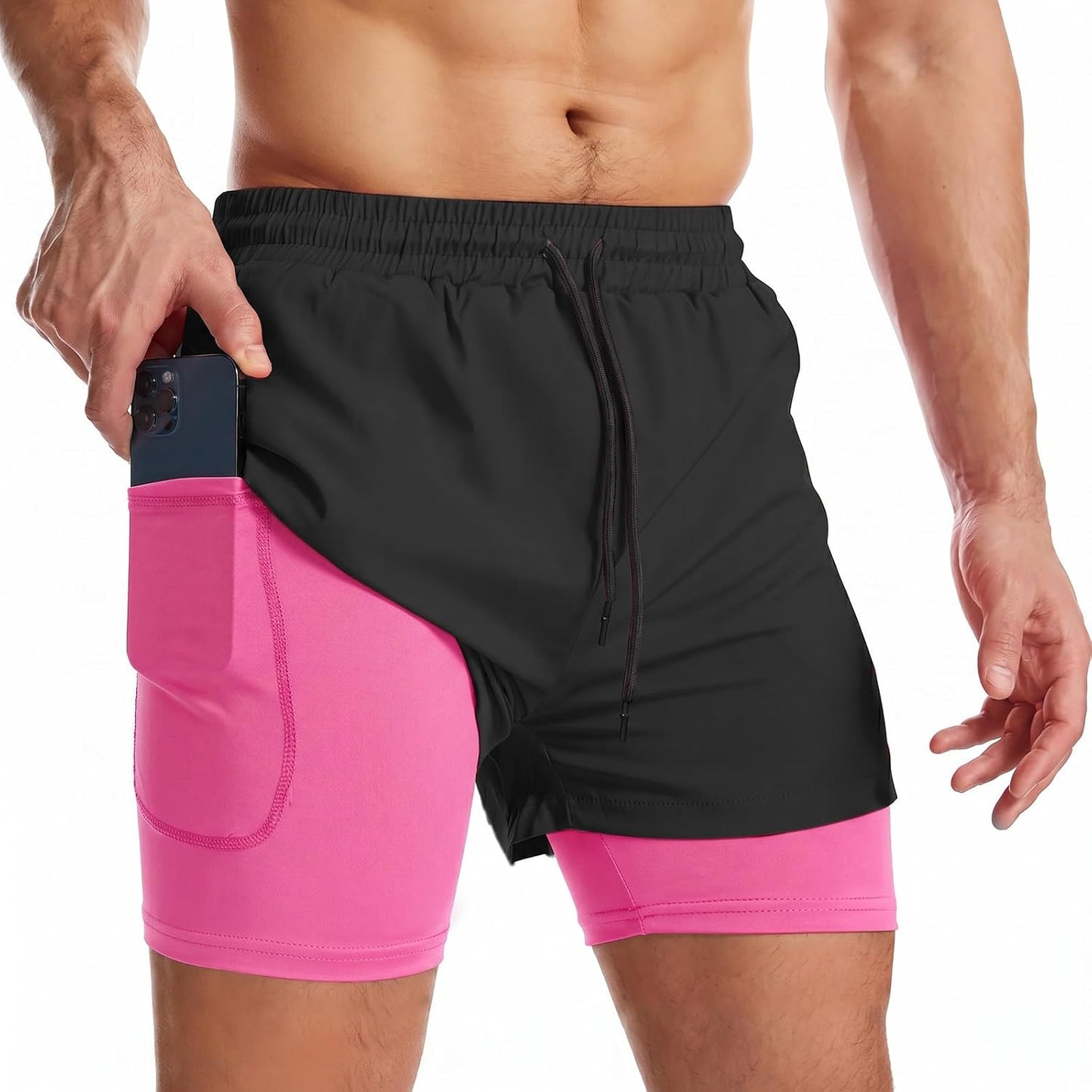 Mens 2 in 1 Running Shorts Quick Dry Athletic Shorts with Liner, Workout Shorts with Zip Pockets and Towel Loop