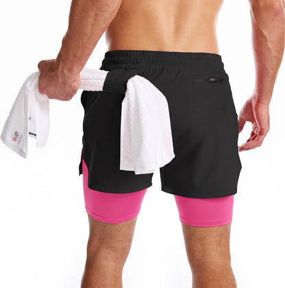 Mens 2 in 1 Running Shorts Quick Dry Athletic Shorts with Liner, Workout Shorts with Zip Pockets and Towel Loop