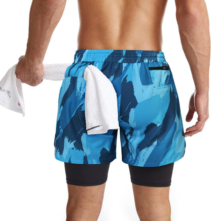 Mens 2 in 1 Running Shorts Quick Dry Athletic Shorts with Liner, Workout Shorts with Zip Pockets and Towel Loop