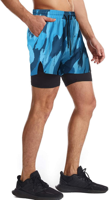 Mens 2 in 1 Running Shorts Quick Dry Athletic Shorts with Liner, Workout Shorts with Zip Pockets and Towel Loop