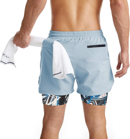Mens 2 in 1 Running Shorts Quick Dry Athletic Shorts with Liner, Workout Shorts with Zip Pockets and Towel Loop