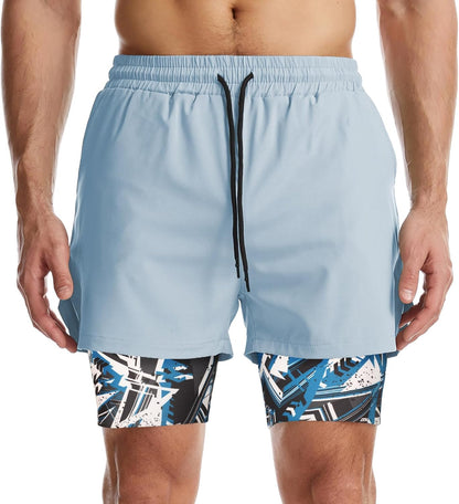 Mens 2 in 1 Running Shorts Quick Dry Athletic Shorts with Liner, Workout Shorts with Zip Pockets and Towel Loop