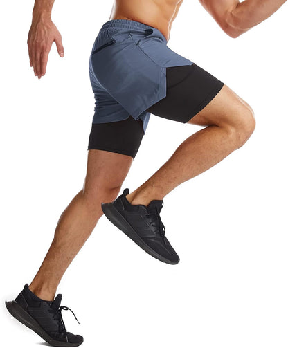 Mens 2 in 1 Running Shorts Quick Dry Athletic Shorts with Liner, Workout Shorts with Zip Pockets and Towel Loop