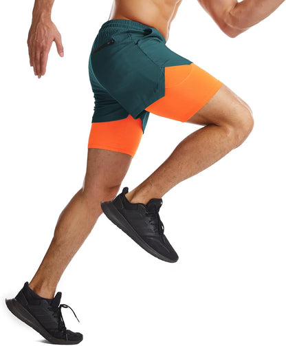 Mens 2 in 1 Running Shorts Quick Dry Athletic Shorts with Liner, Workout Shorts with Zip Pockets and Towel Loop