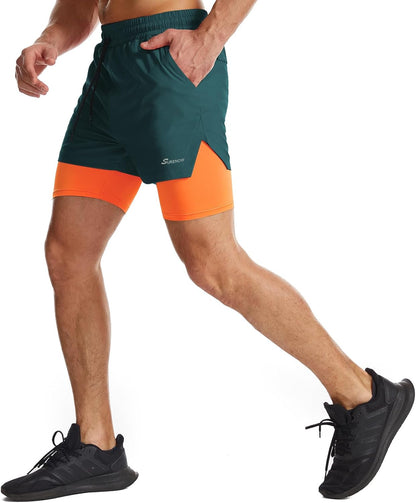 Mens 2 in 1 Running Shorts Quick Dry Athletic Shorts with Liner, Workout Shorts with Zip Pockets and Towel Loop