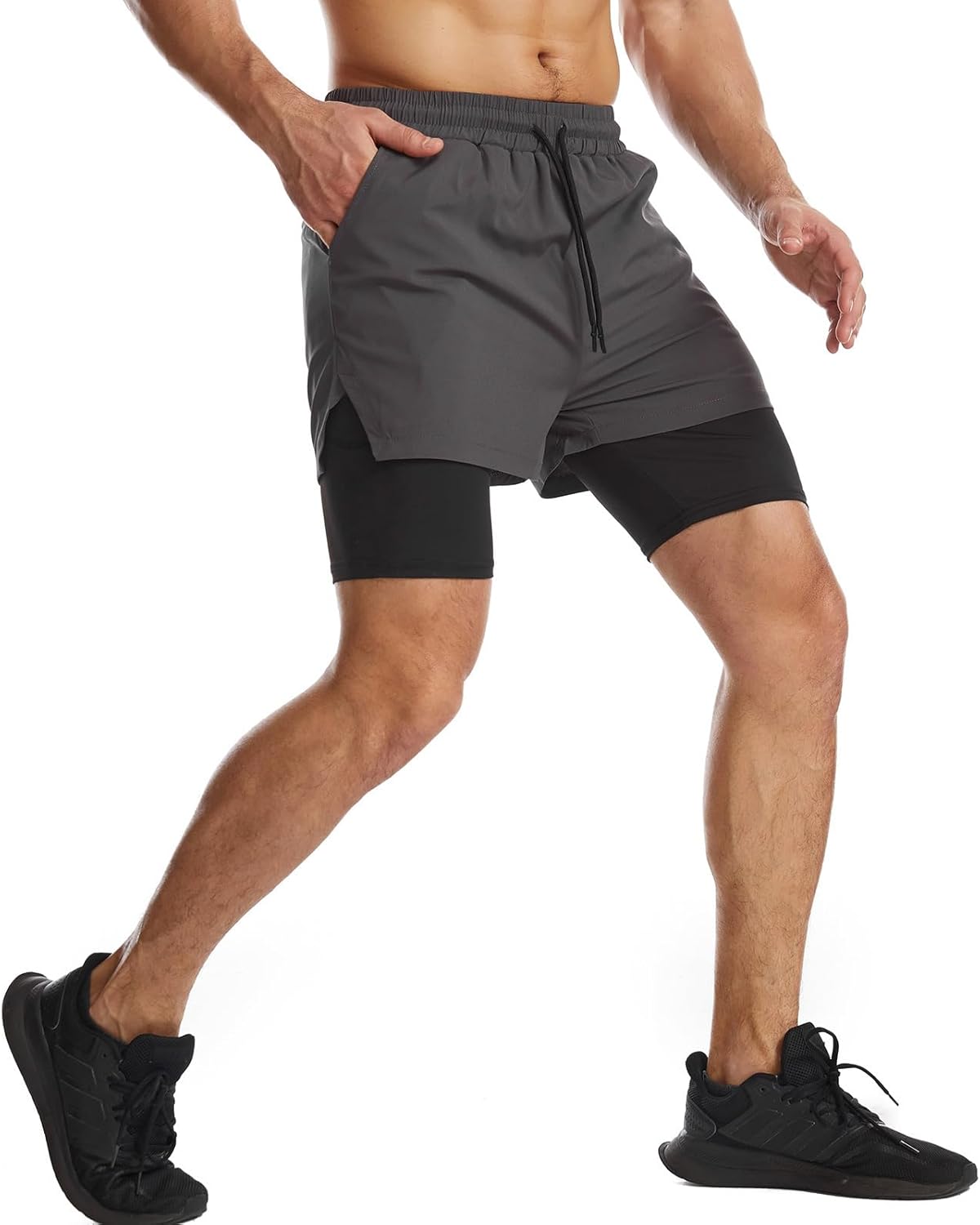 Mens 2 in 1 Running Shorts Quick Dry Athletic Shorts with Liner, Workout Shorts with Zip Pockets and Towel Loop