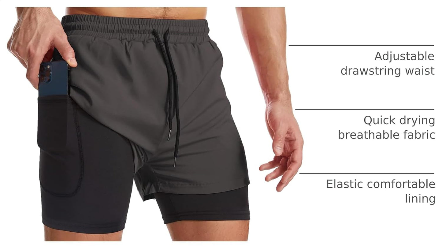 Mens 2 in 1 Running Shorts Quick Dry Athletic Shorts with Liner, Workout Shorts with Zip Pockets and Towel Loop