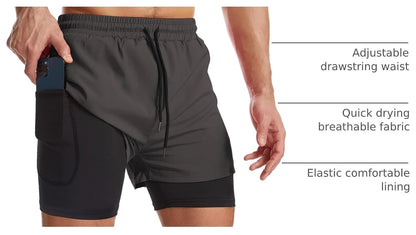 Mens 2 in 1 Running Shorts Quick Dry Athletic Shorts with Liner, Workout Shorts with Zip Pockets and Towel Loop