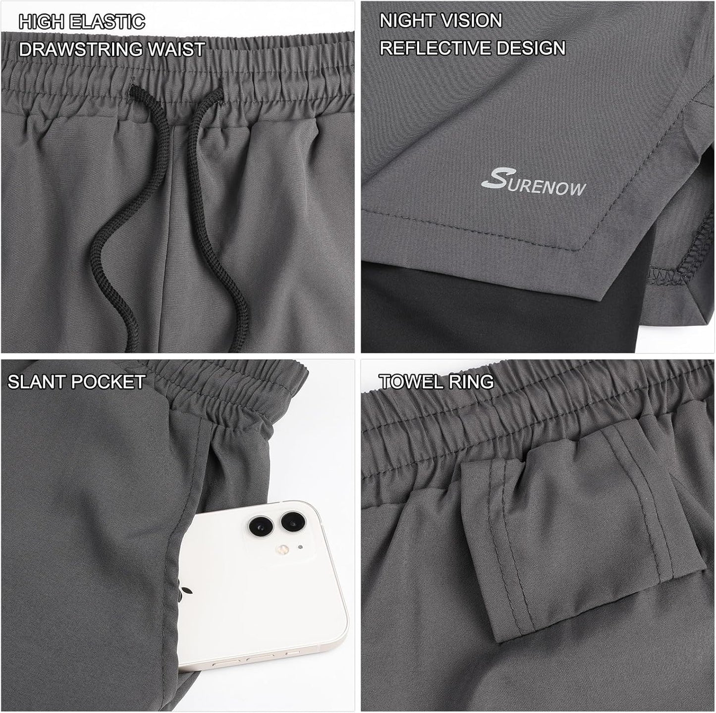Mens 2 in 1 Running Shorts Quick Dry Athletic Shorts with Liner, Workout Shorts with Zip Pockets and Towel Loop