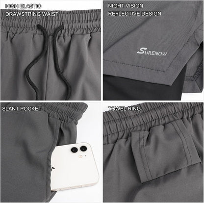 Mens 2 in 1 Running Shorts Quick Dry Athletic Shorts with Liner, Workout Shorts with Zip Pockets and Towel Loop